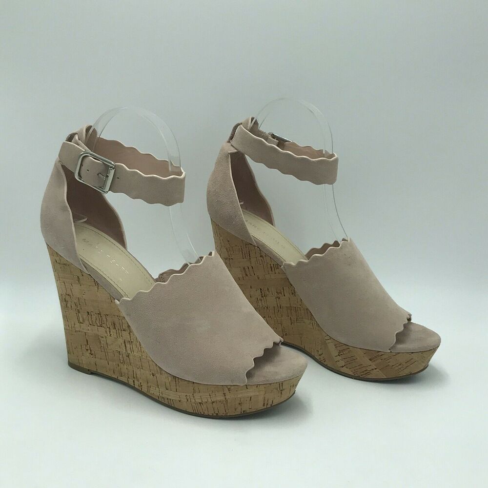 Marc Fisher 10M Natural Taupe Haya Scallop Ankle Strap Espadrille Wedge Sandal